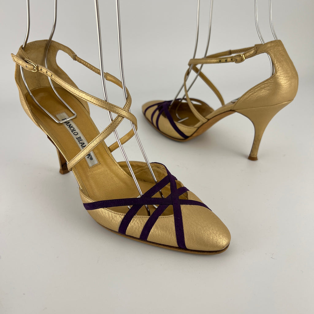 Manolo Blahnik | Metallic Gold Leather Purple Strap Stiletto Pumps (37.5)