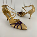 Manolo Blahnik | Metallic Gold Leather Purple Strap Stiletto Pumps (37.5)