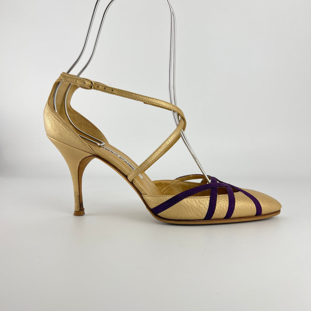 Manolo Blahnik | Metallic Gold Leather Purple Strap Stiletto Pumps (37.5)