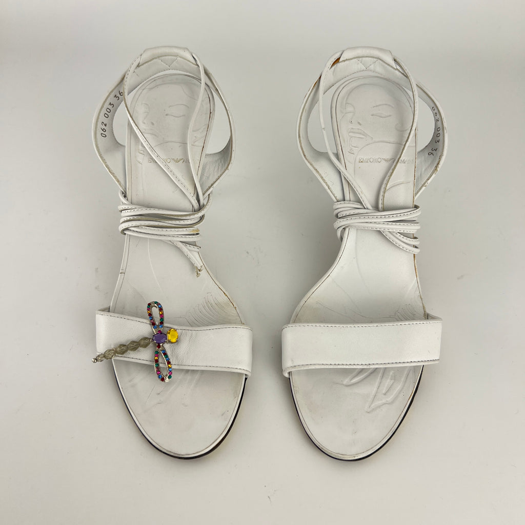 Armani | White Leather Dragonfly Gem Strappy Lace Up Sandal Heels (36)