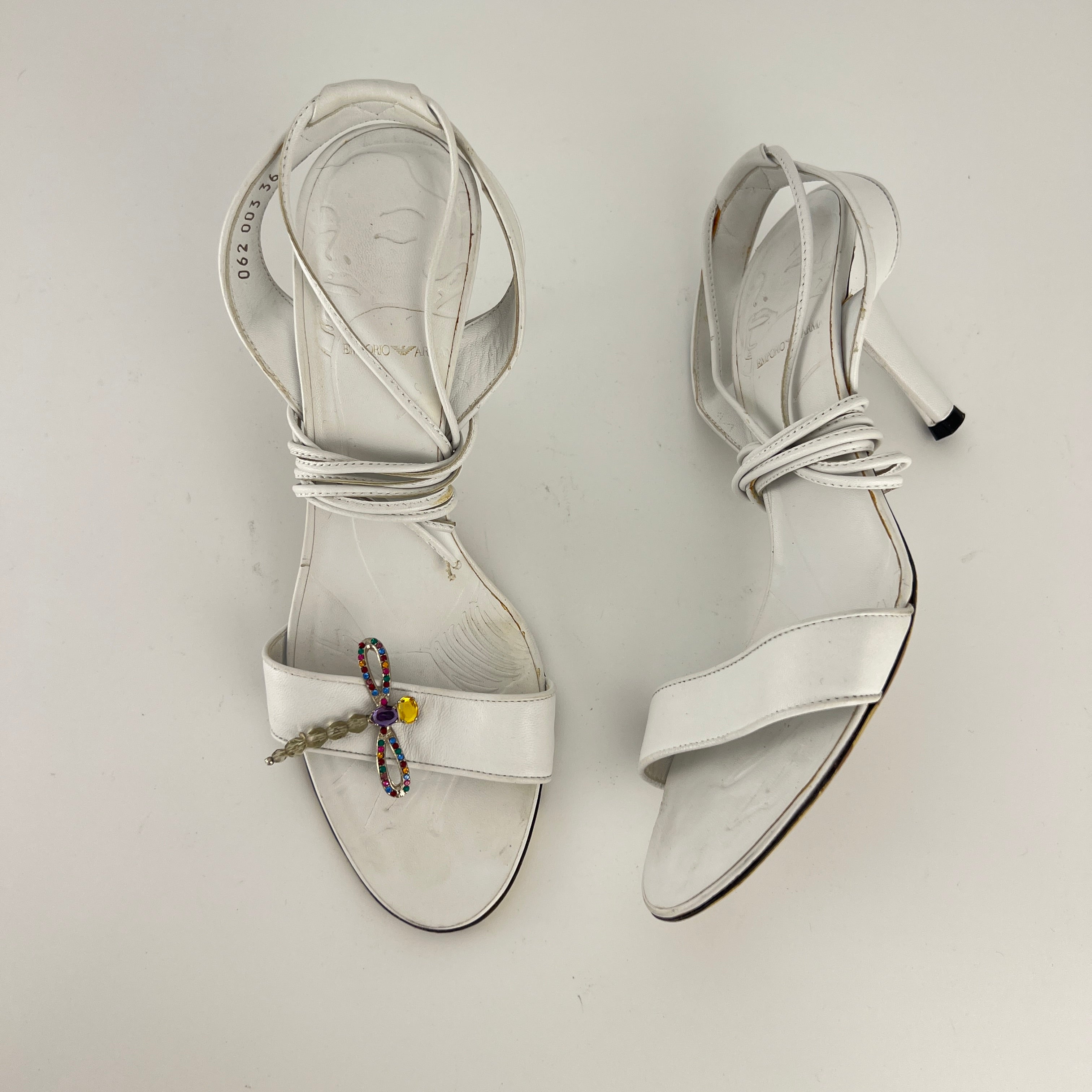 Armani | White Leather Dragonfly Gem Strappy Lace Up Sandal Heels (36)