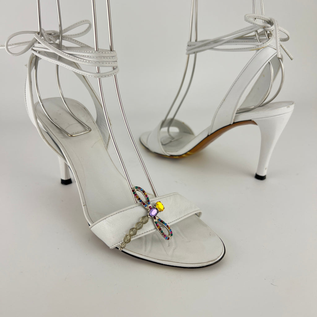 Armani | White Leather Dragonfly Gem Strappy Lace Up Sandal Heels (36)