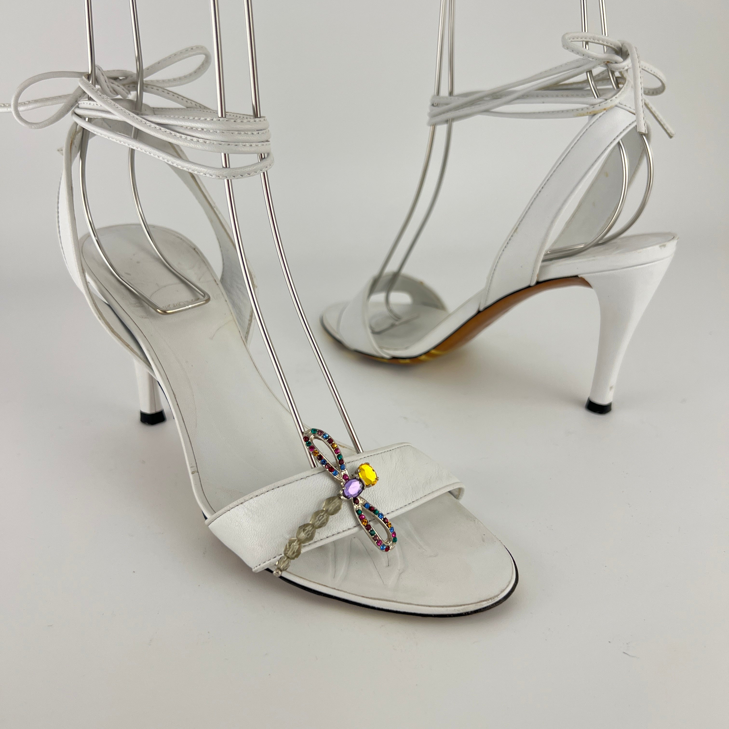 Armani | White Leather Dragonfly Gem Strappy Lace Up Sandal Heels (36)