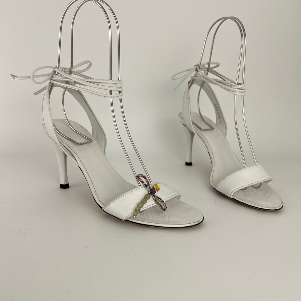 Armani | White Leather Dragonfly Gem Strappy Lace Up Sandal Heels (36)