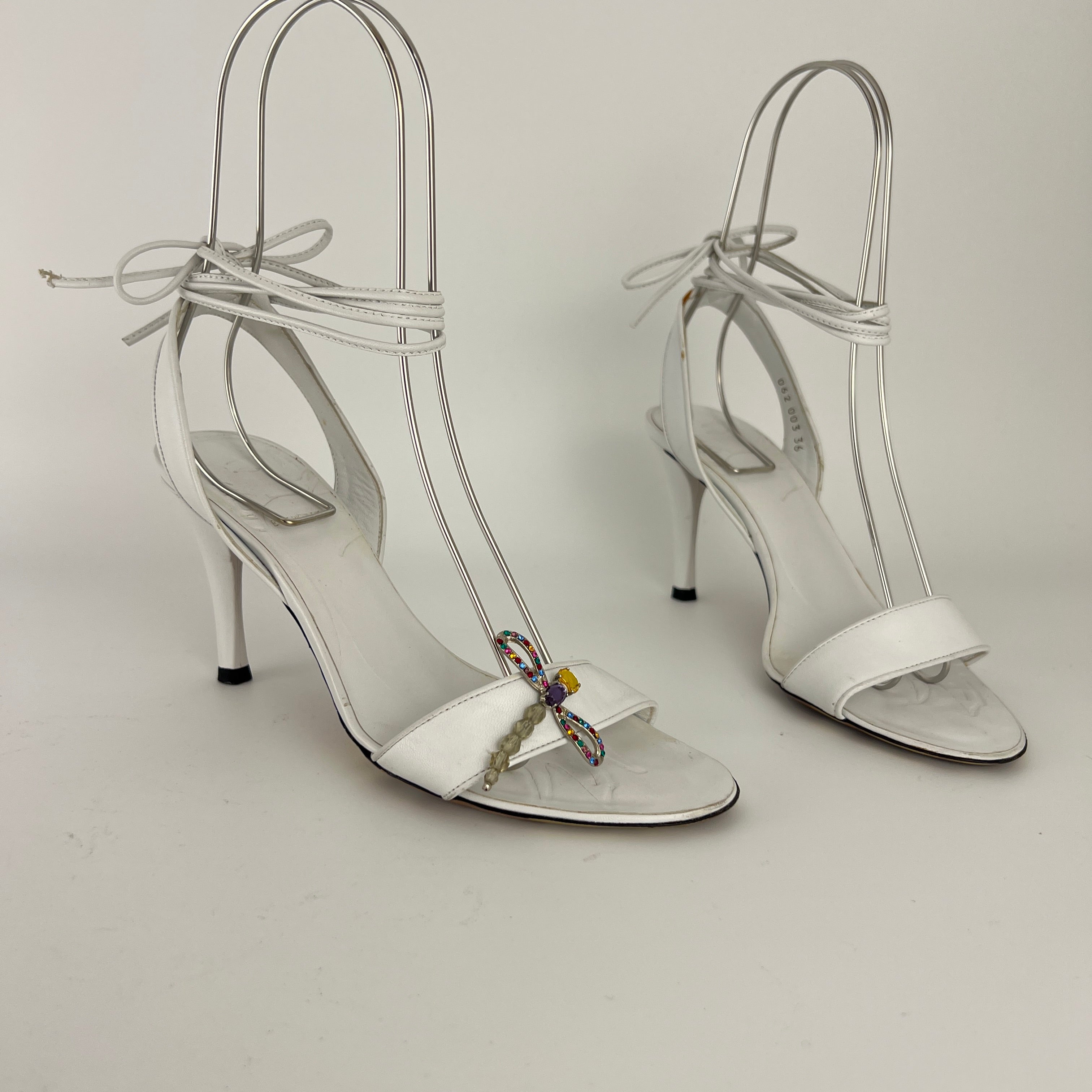 Armani | White Leather Dragonfly Gem Strappy Lace Up Sandal Heels (36)