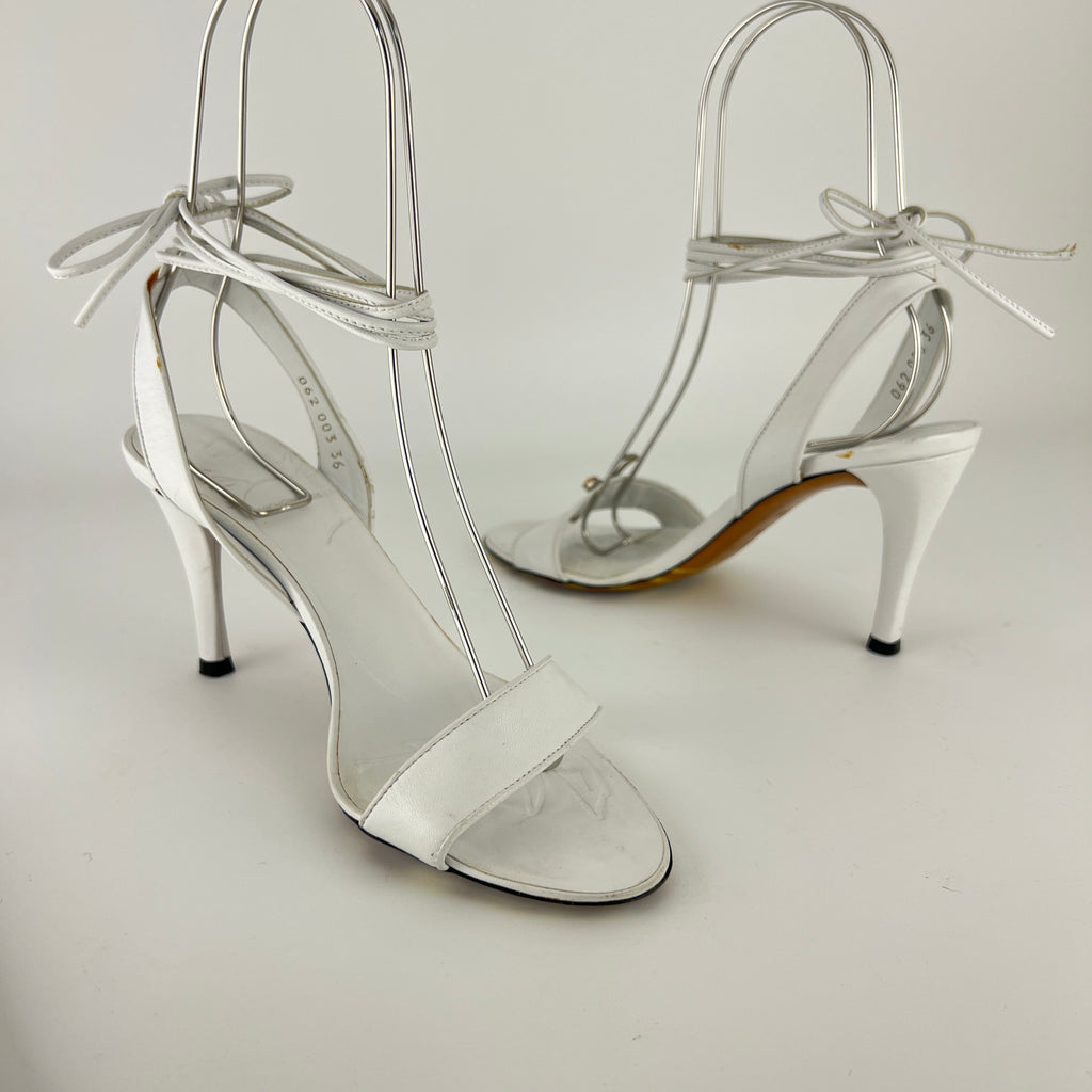 Armani | White Leather Dragonfly Gem Strappy Lace Up Sandal Heels (36)