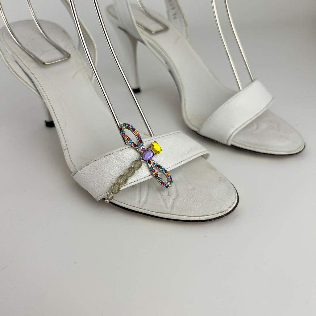 Armani | White Leather Dragonfly Gem Strappy Lace Up Sandal Heels (36)
