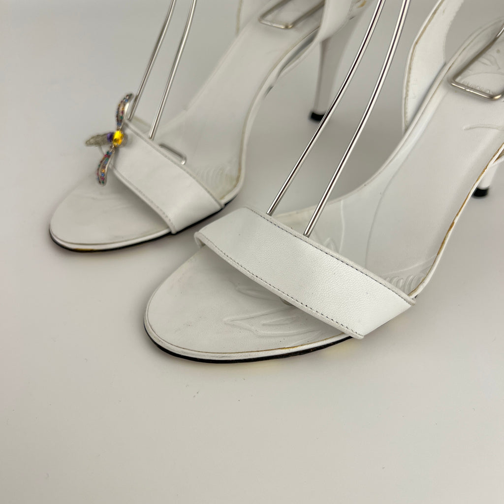 Armani | White Leather Dragonfly Gem Strappy Lace Up Sandal Heels (36)