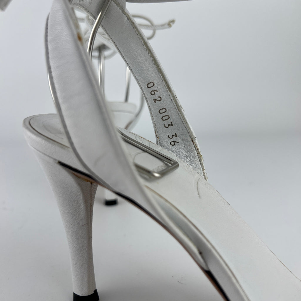Armani | White Leather Dragonfly Gem Strappy Lace Up Sandal Heels (36)