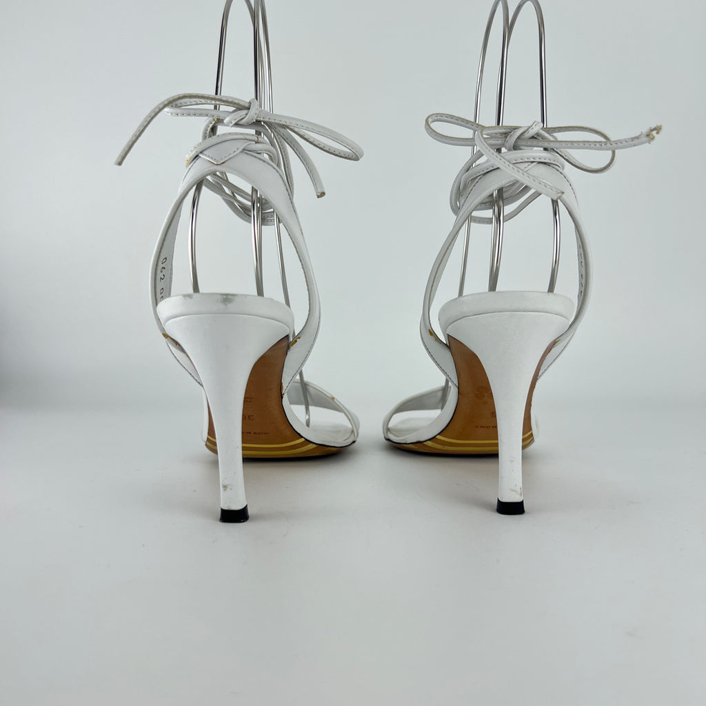 Armani | White Leather Dragonfly Gem Strappy Lace Up Sandal Heels (36)