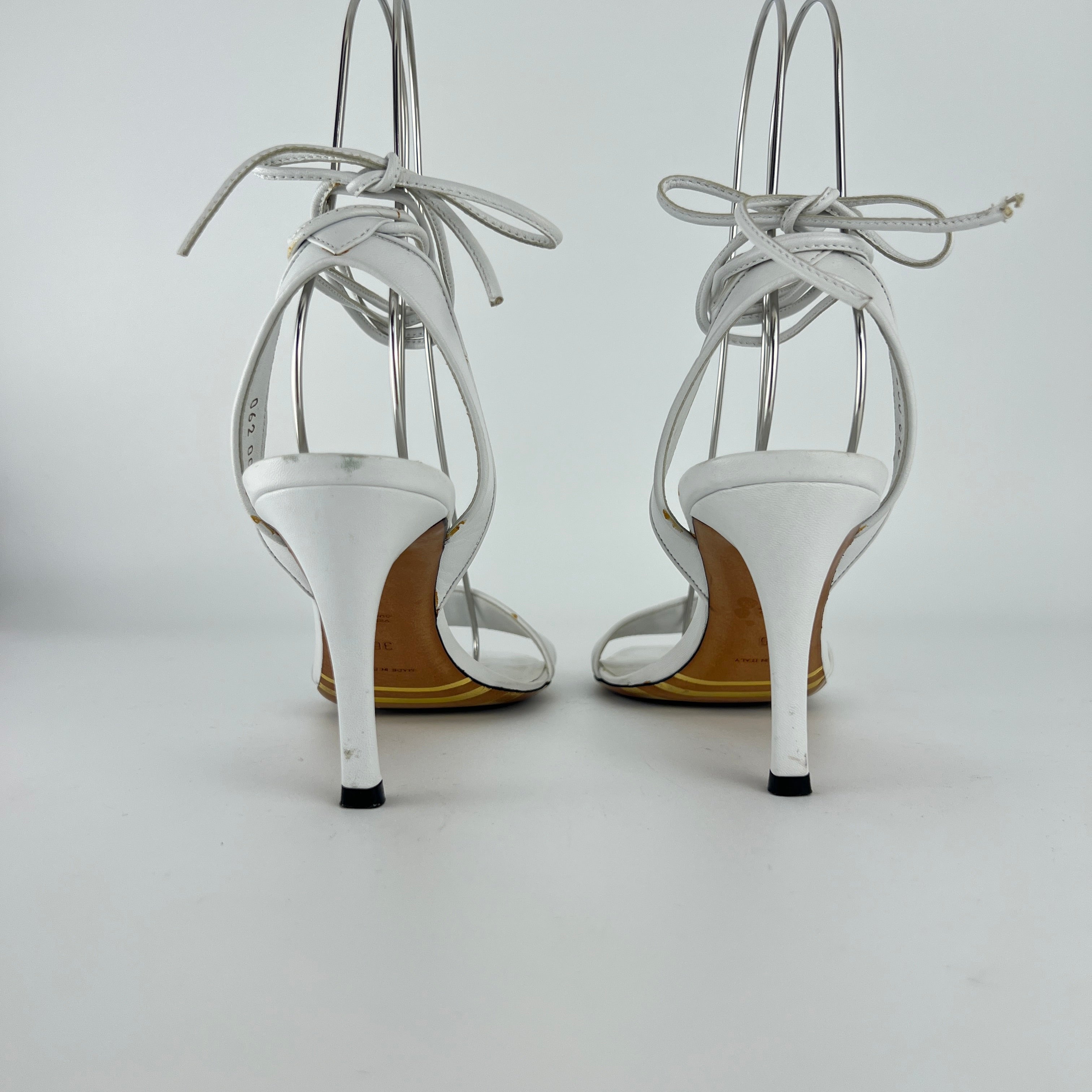 Armani | White Leather Dragonfly Gem Strappy Lace Up Sandal Heels (36)