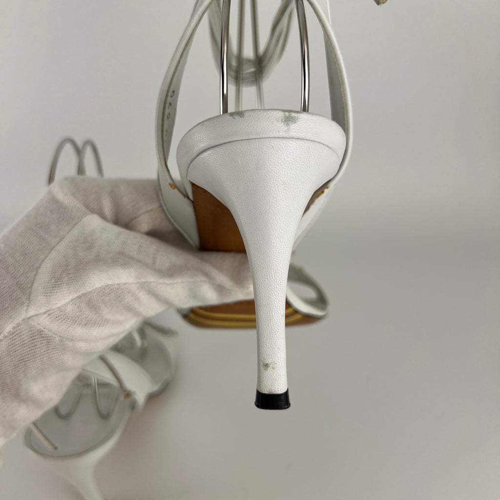 Armani | White Leather Dragonfly Gem Strappy Lace Up Sandal Heels (36)
