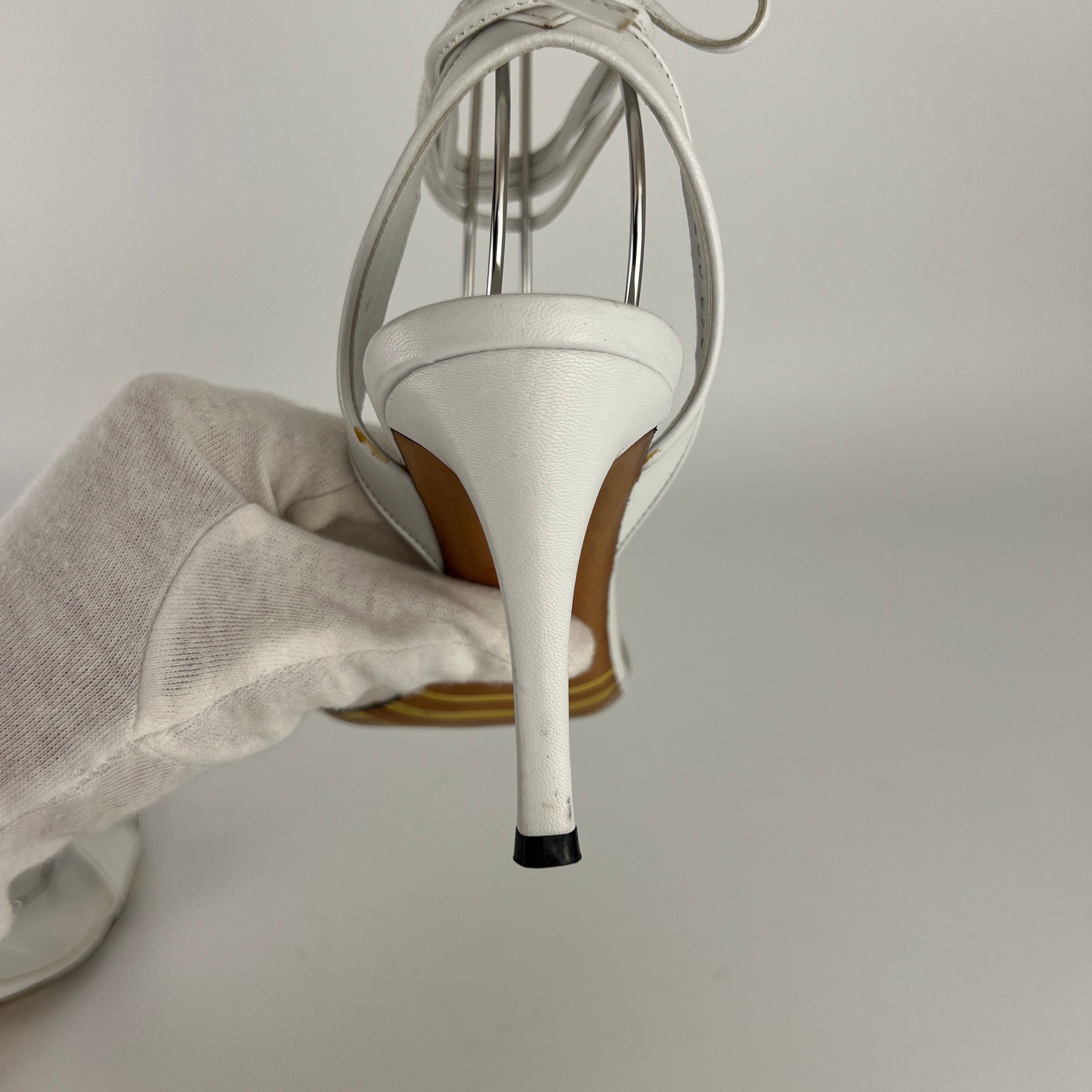Armani | White Leather Dragonfly Gem Strappy Lace Up Sandal Heels (36)
