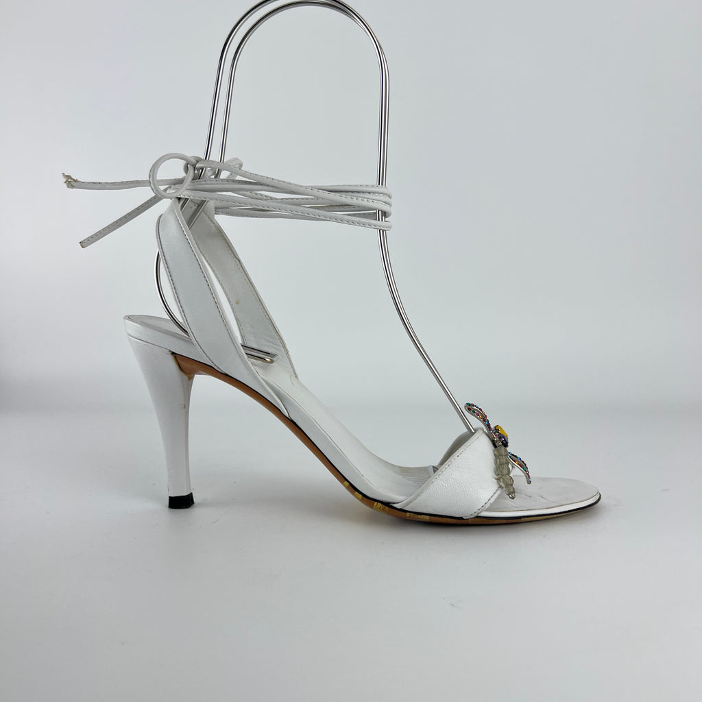 Armani | White Leather Dragonfly Gem Strappy Lace Up Sandal Heels (36)