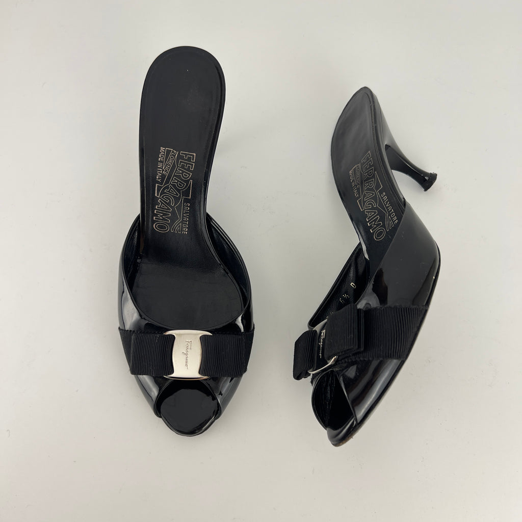Ferragamo | Vara Bow Black Patent Leather Peep Toe Slide Mules (37 , 7)