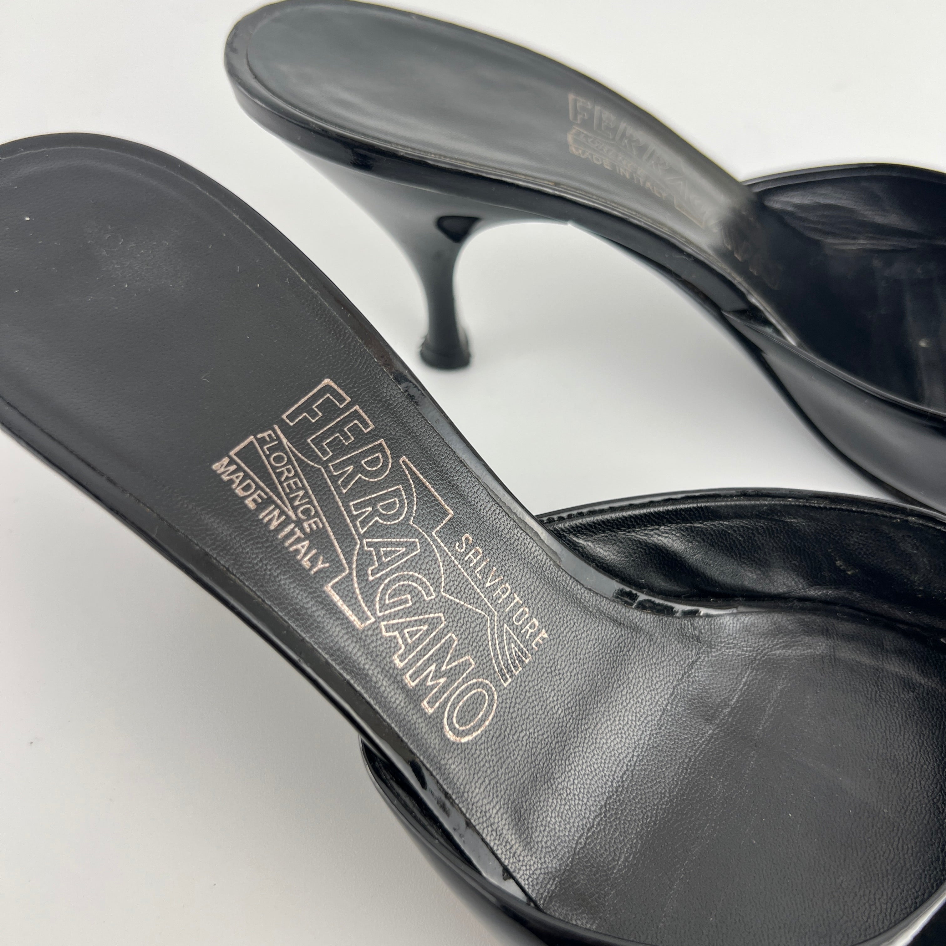 Ferragamo | Vara Bow Black Patent Leather Peep Toe Slide Mules (37 , 7)