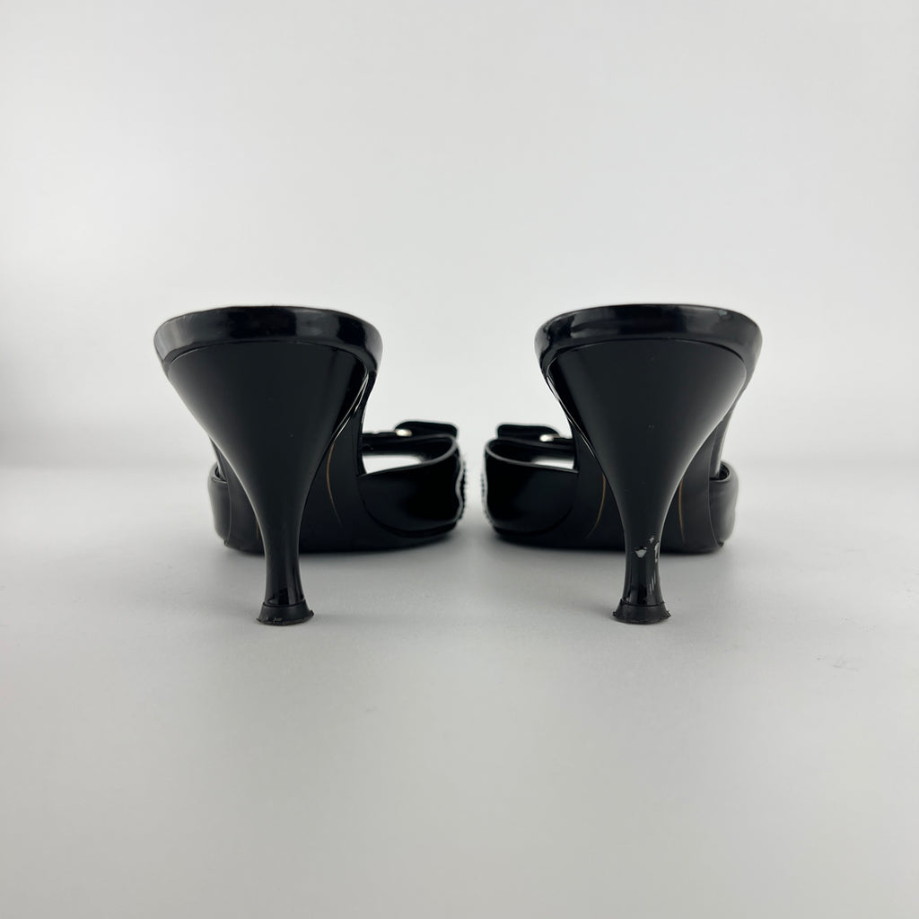 Ferragamo | Vara Bow Black Patent Leather Peep Toe Slide Mules (37 , 7)