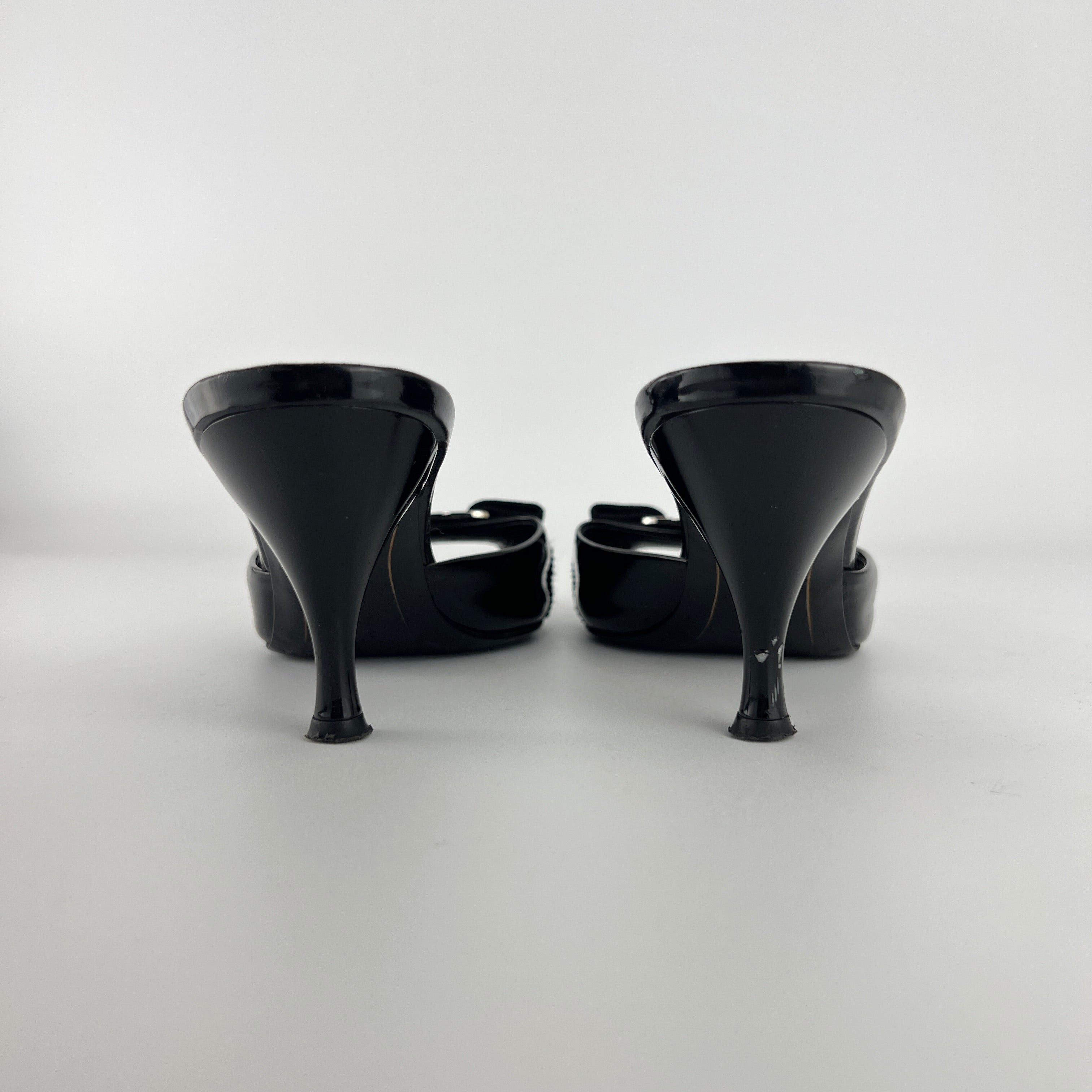 Ferragamo | Vara Bow Black Patent Leather Peep Toe Slide Mules (37 , 7)