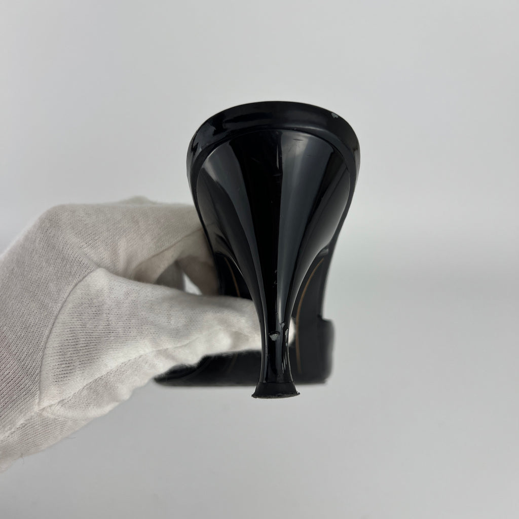 Ferragamo | Vara Bow Black Patent Leather Peep Toe Slide Mules (37 , 7)