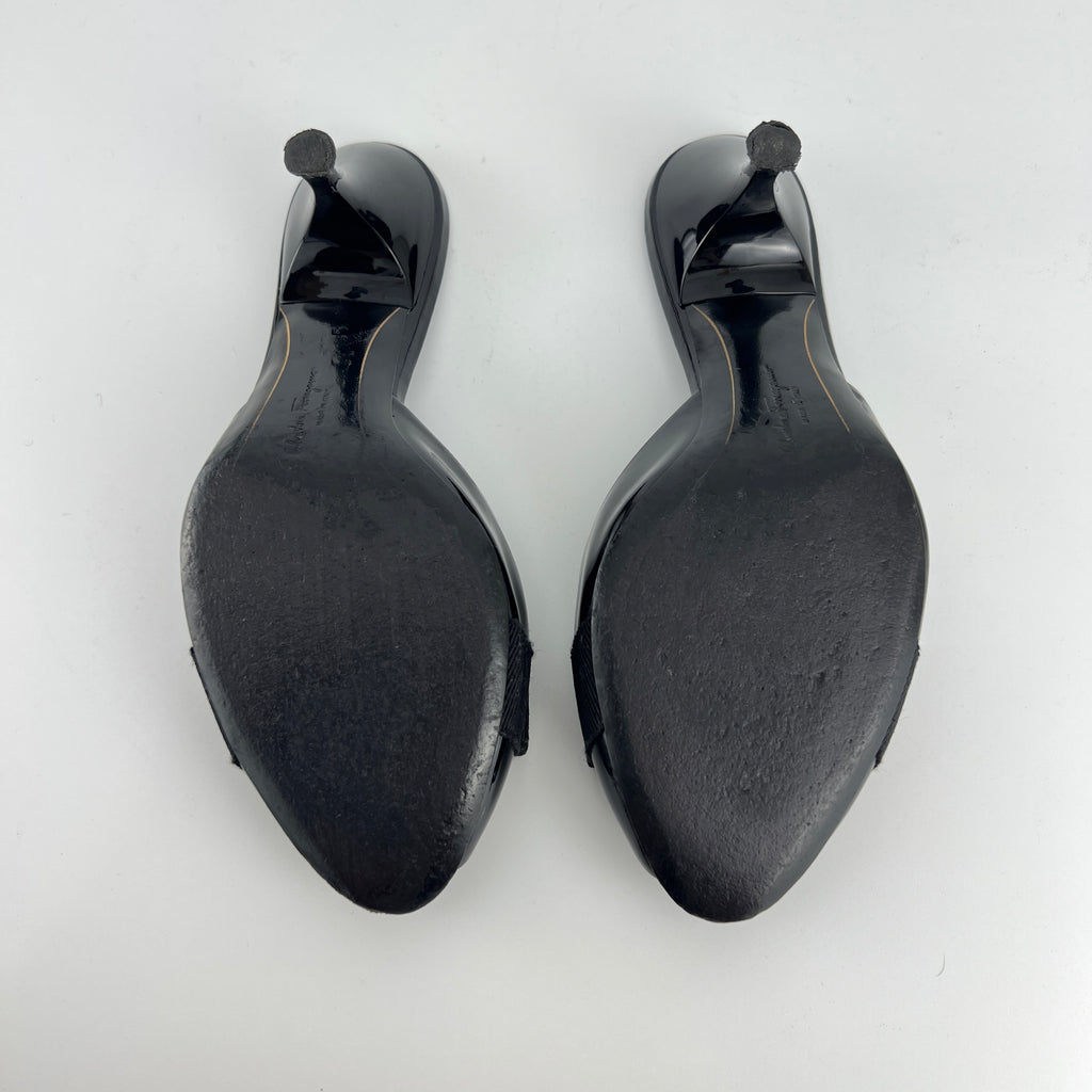 Ferragamo | Vara Bow Black Patent Leather Peep Toe Slide Mules (37 , 7)