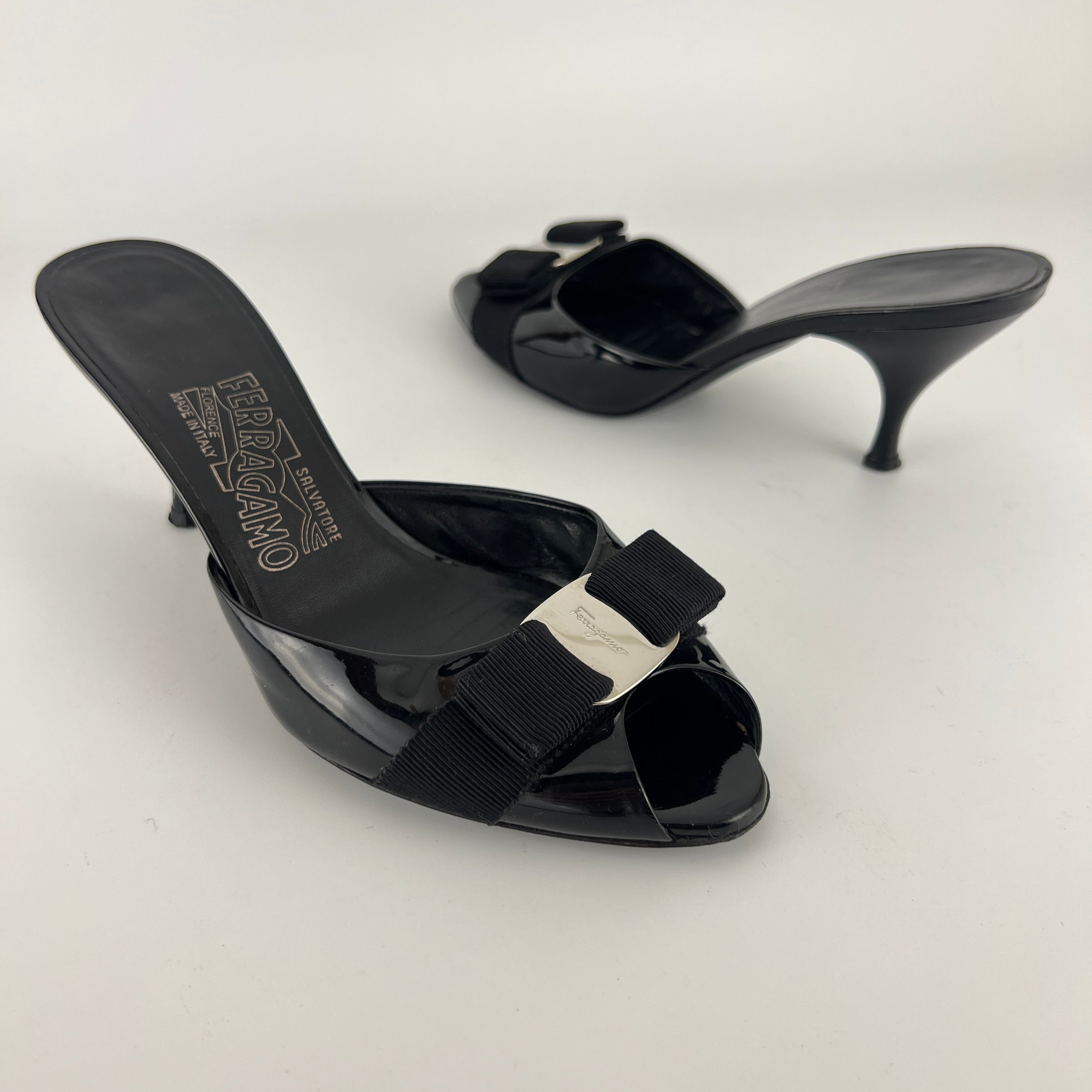 Ferragamo | Vara Bow Black Patent Leather Peep Toe Slide Mules (37 , 7)