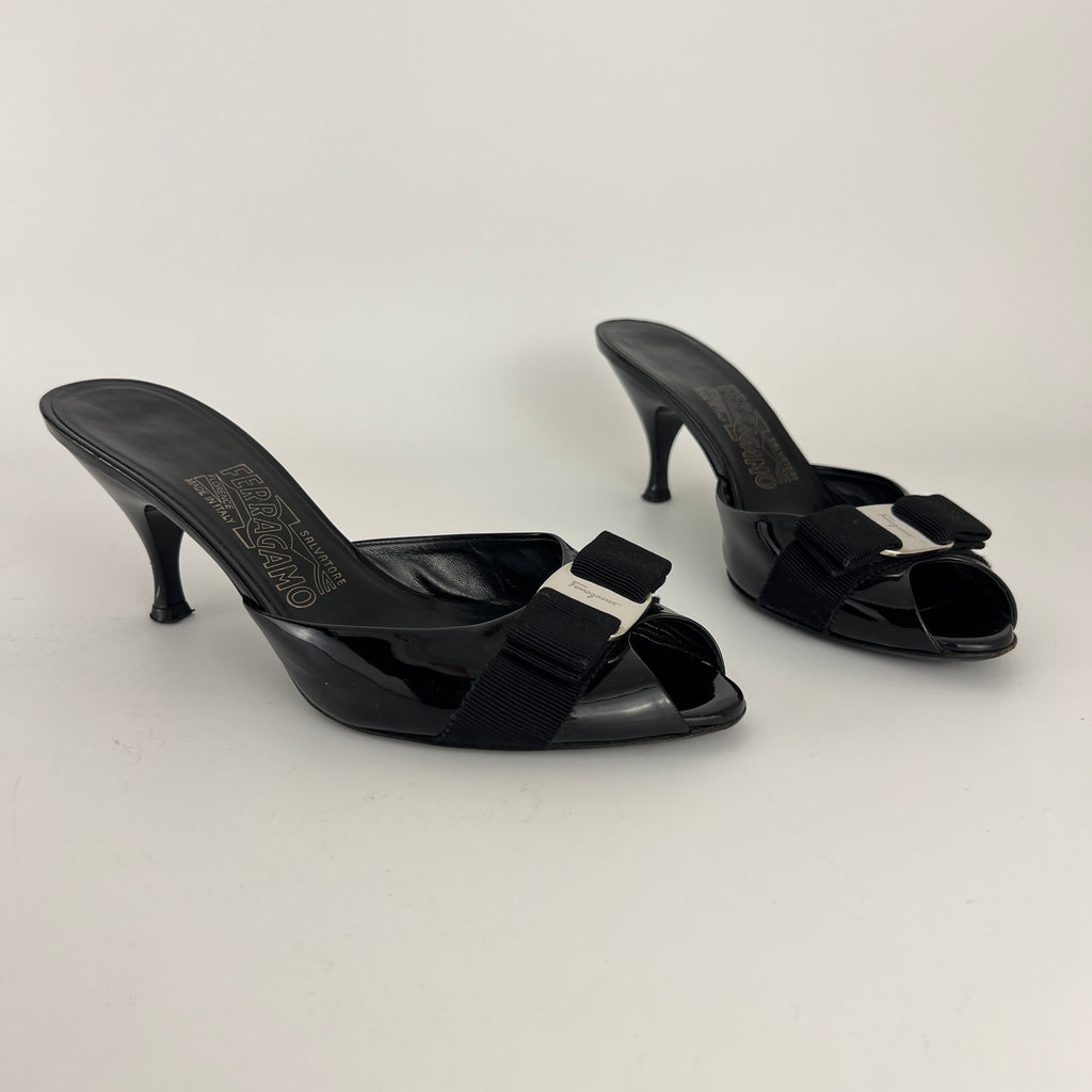 Ferragamo | Vara Bow Black Patent Leather Peep Toe Slide Mules (37 , 7)