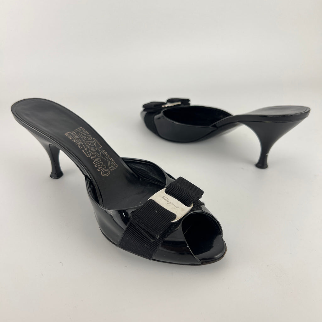 Ferragamo | Vara Bow Black Patent Leather Peep Toe Slide Mules (37 , 7)