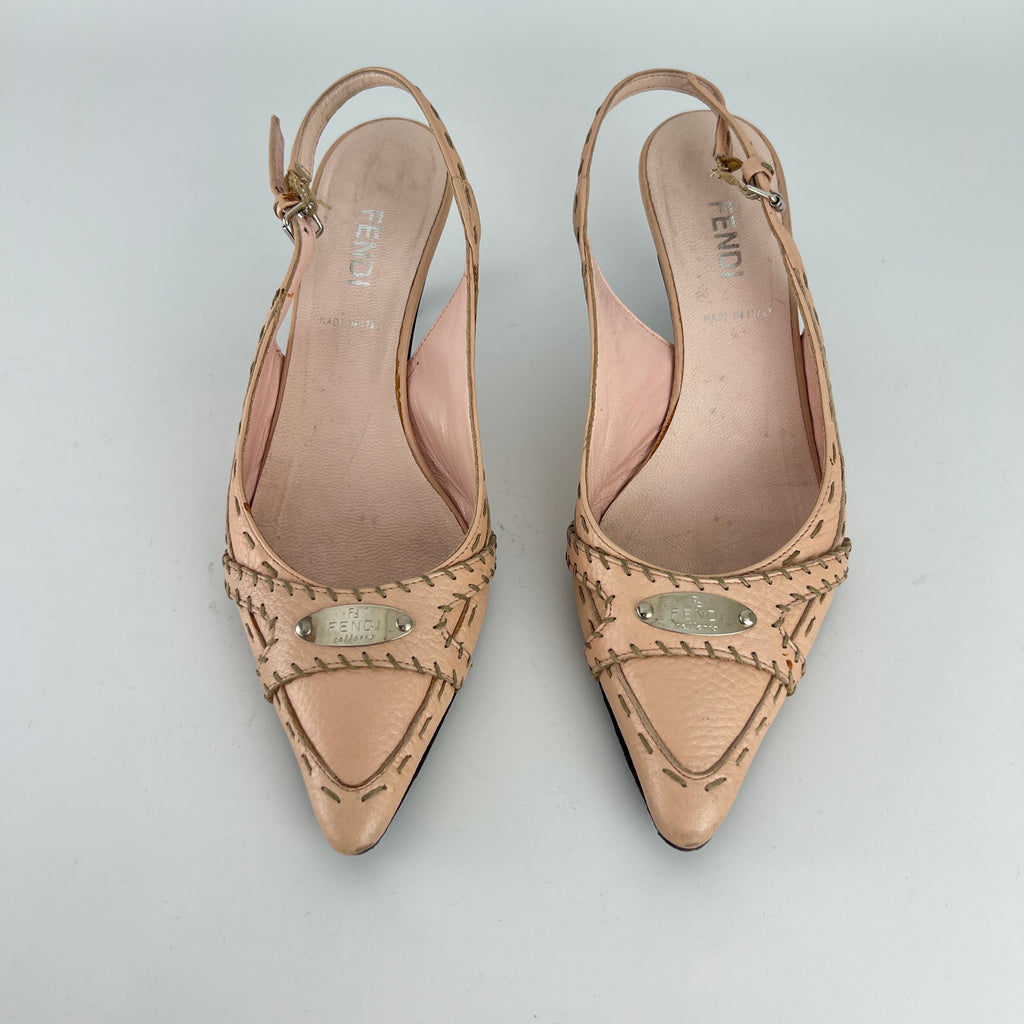 Fendi | Vintage Selleria Pink Leather Metal Logo Pointed Toe Slingback Heels (37)