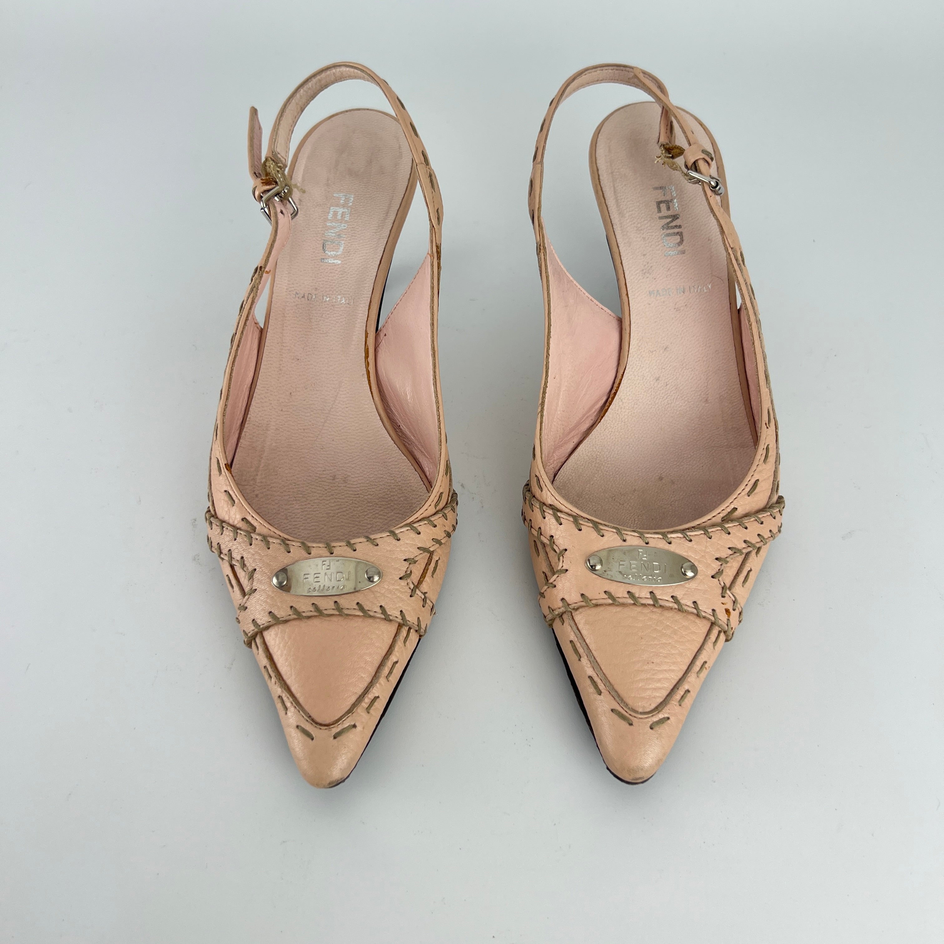 Fendi | Vintage Selleria Pink Leather Metal Logo Pointed Toe Slingback Heels (37)