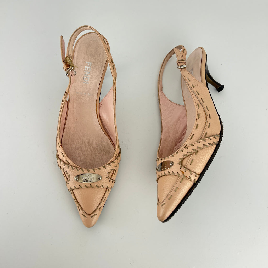 Fendi | Vintage Selleria Pink Leather Metal Logo Pointed Toe Slingback Heels (37)