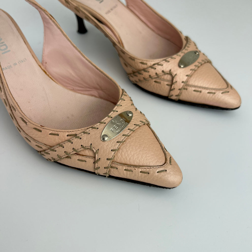 Fendi | Vintage Selleria Pink Leather Metal Logo Pointed Toe Slingback Heels (37)
