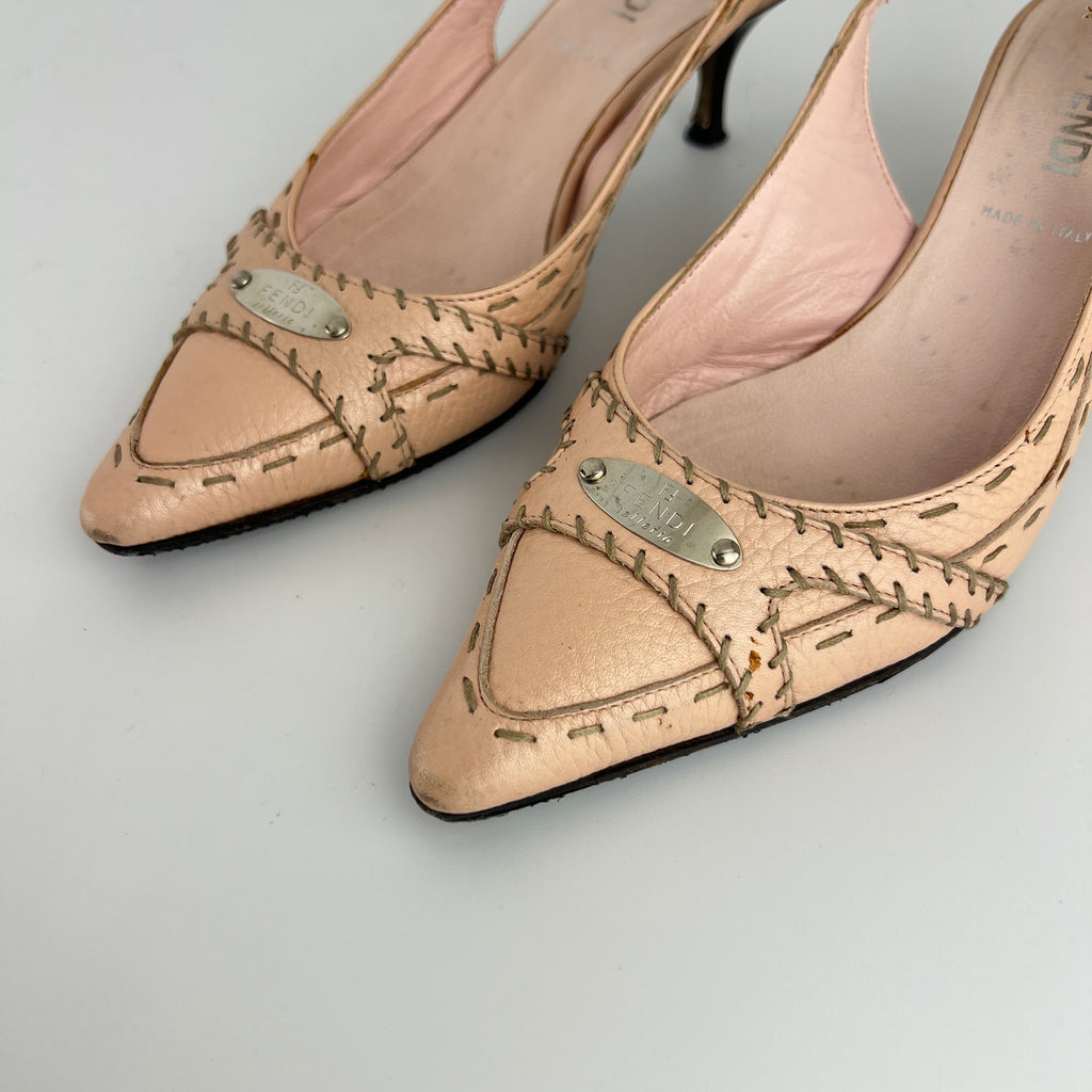 Fendi | Vintage Selleria Pink Leather Metal Logo Pointed Toe Slingback Heels (37)
