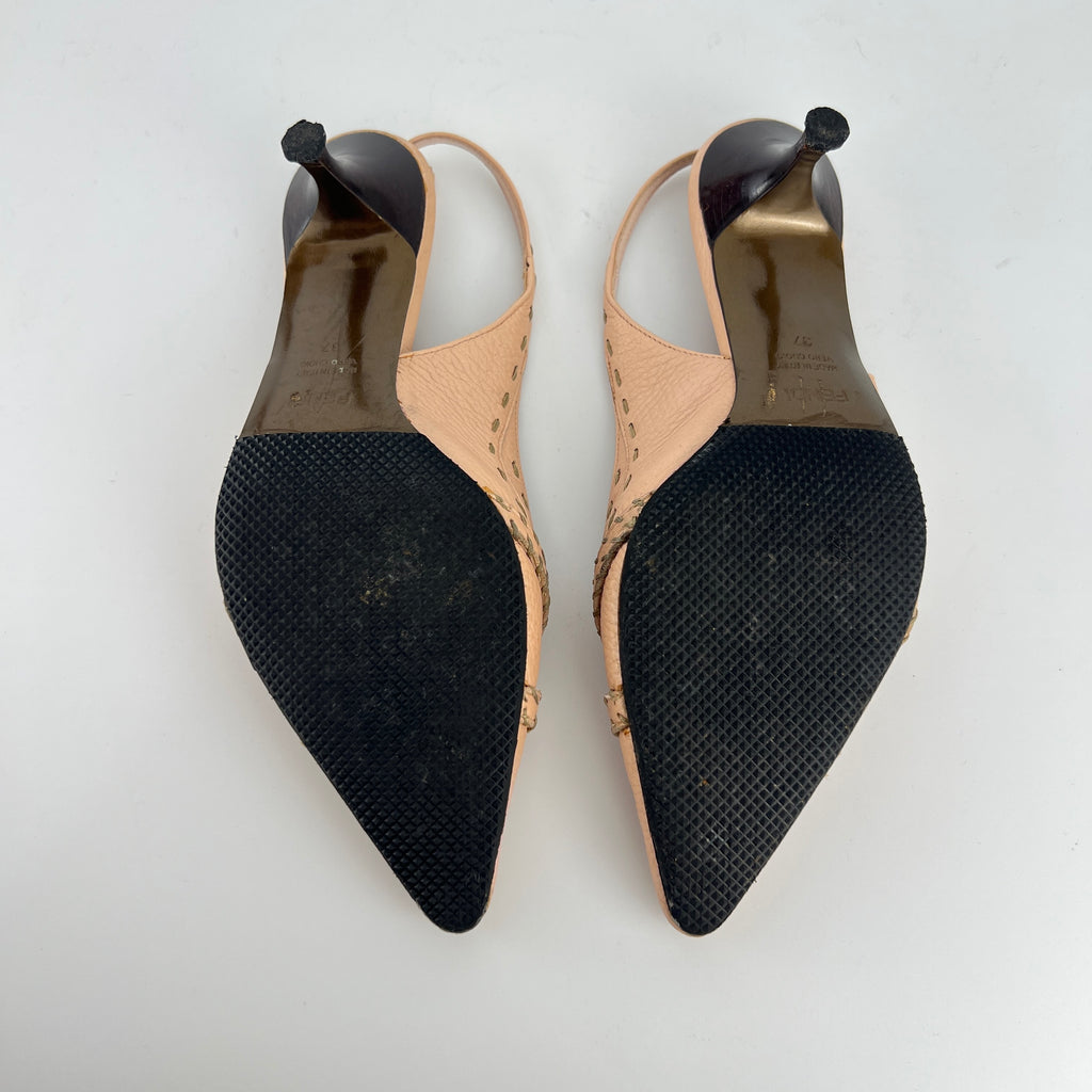 Fendi | Vintage Selleria Pink Leather Metal Logo Pointed Toe Slingback Heels (37)