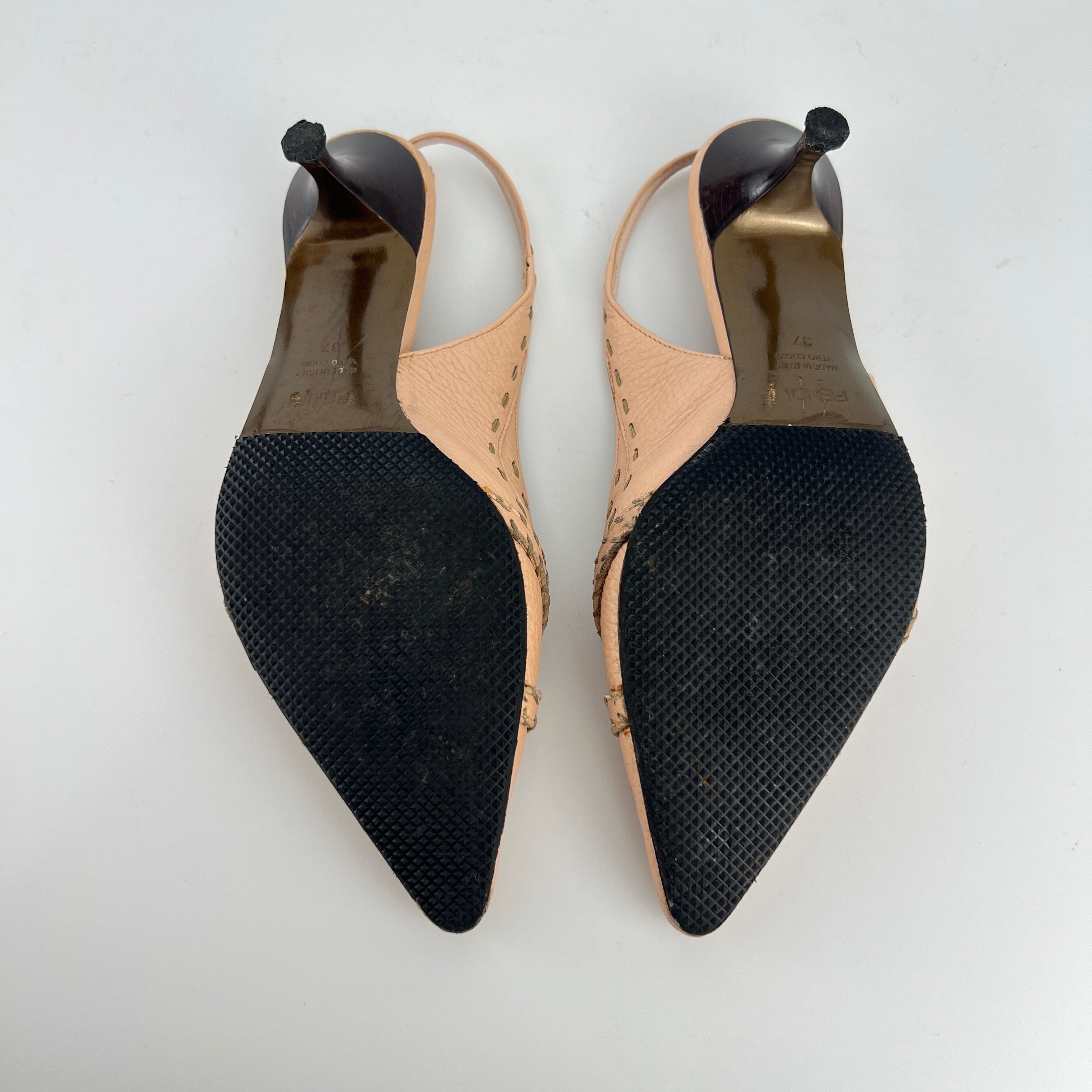 Fendi | Vintage Selleria Pink Leather Metal Logo Pointed Toe Slingback Heels (37)