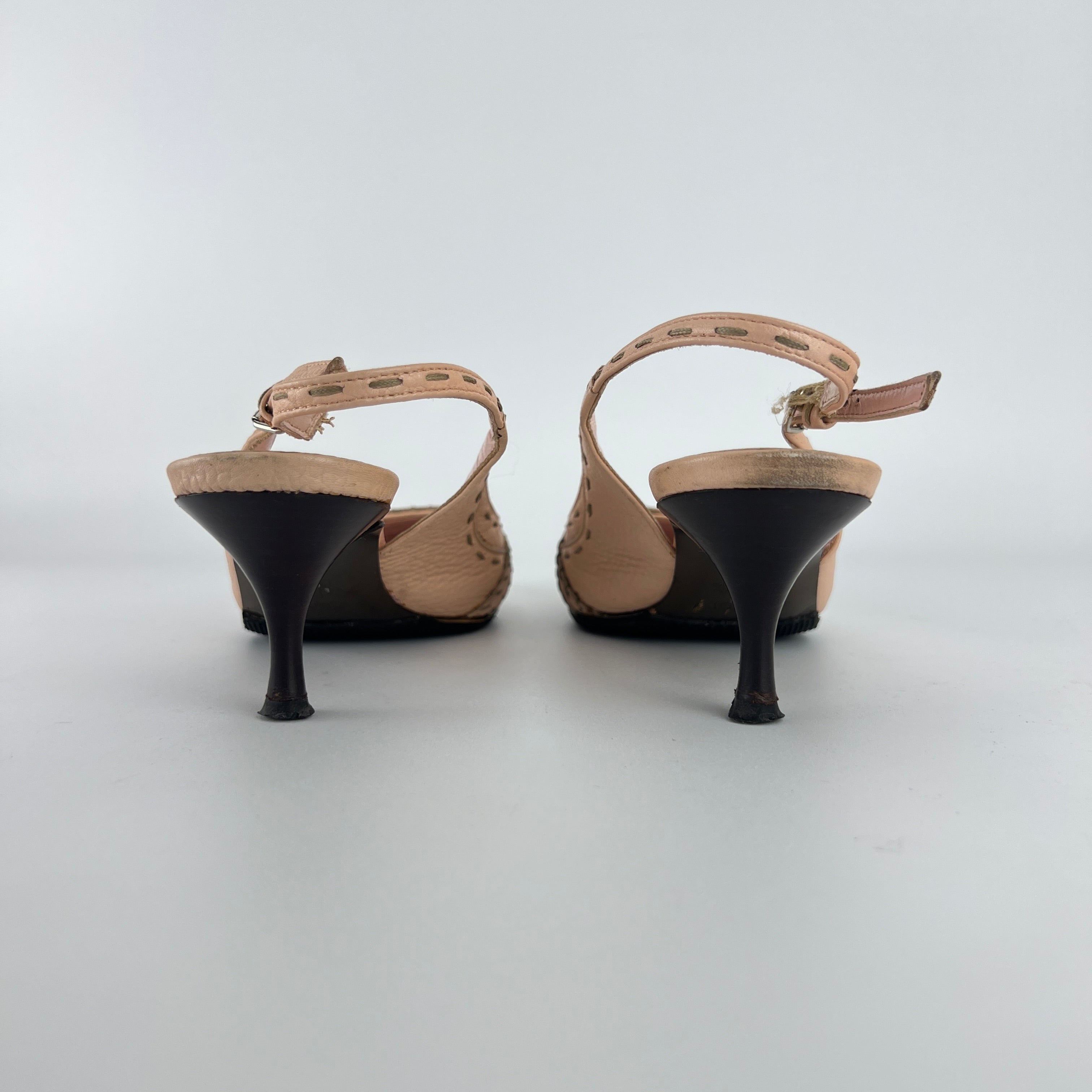 Fendi | Vintage Selleria Pink Leather Metal Logo Pointed Toe Slingback Heels (37)