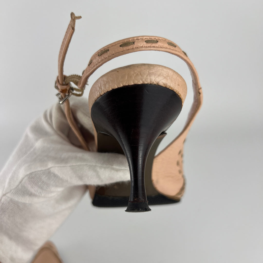 Fendi | Vintage Selleria Pink Leather Metal Logo Pointed Toe Slingback Heels (37)