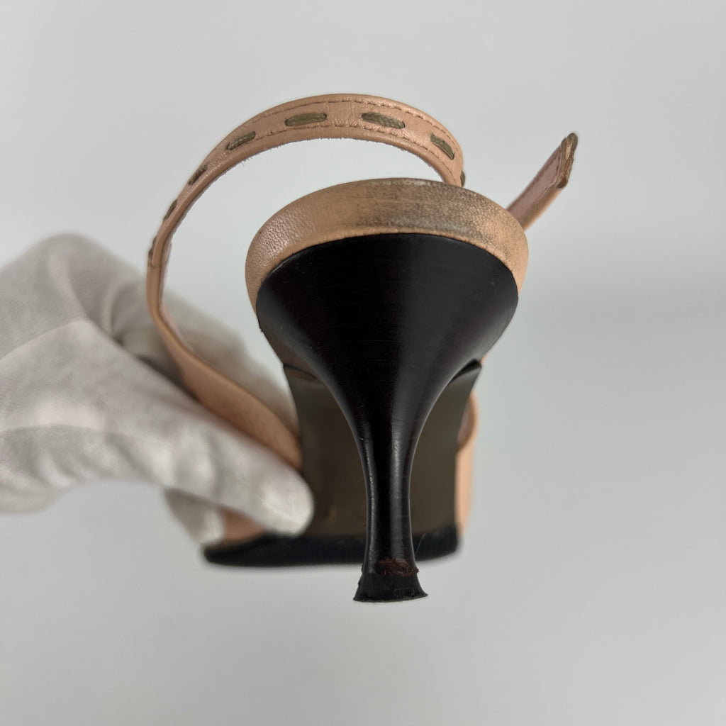 Fendi | Vintage Selleria Pink Leather Metal Logo Pointed Toe Slingback Heels (37)