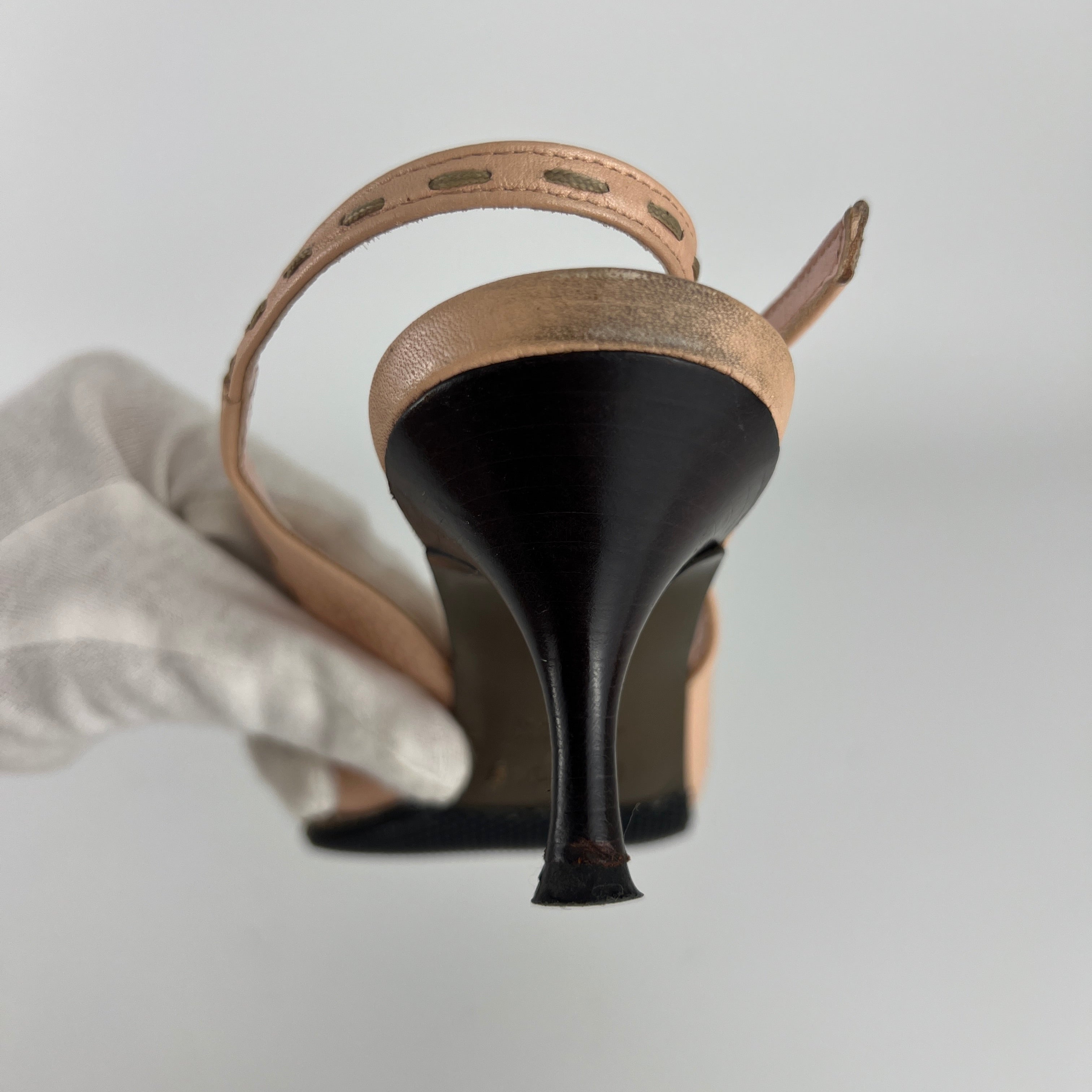 Fendi | Vintage Selleria Pink Leather Metal Logo Pointed Toe Slingback Heels (37)