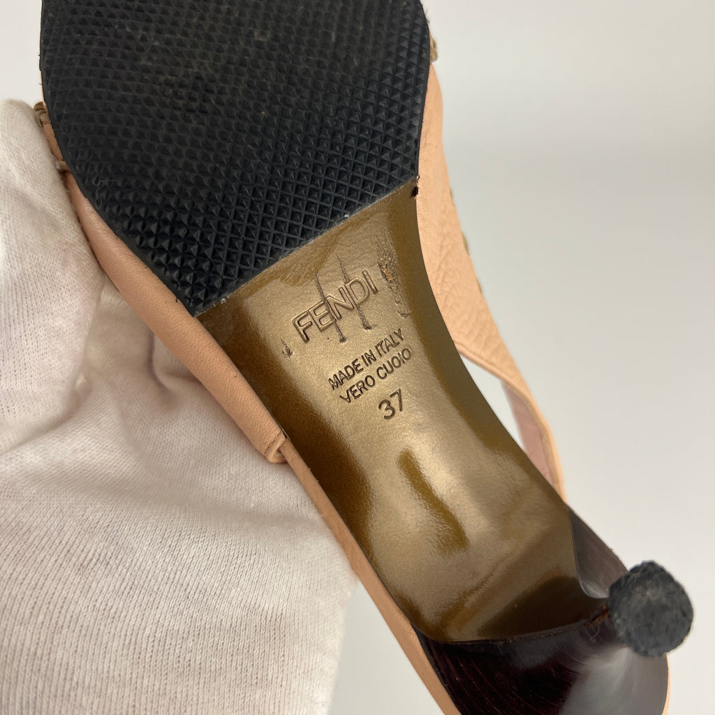 Fendi | Vintage Selleria Pink Leather Metal Logo Pointed Toe Slingback Heels (37)