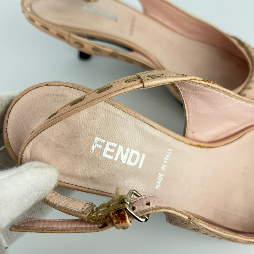 Fendi | Vintage Selleria Pink Leather Metal Logo Pointed Toe Slingback Heels (37)