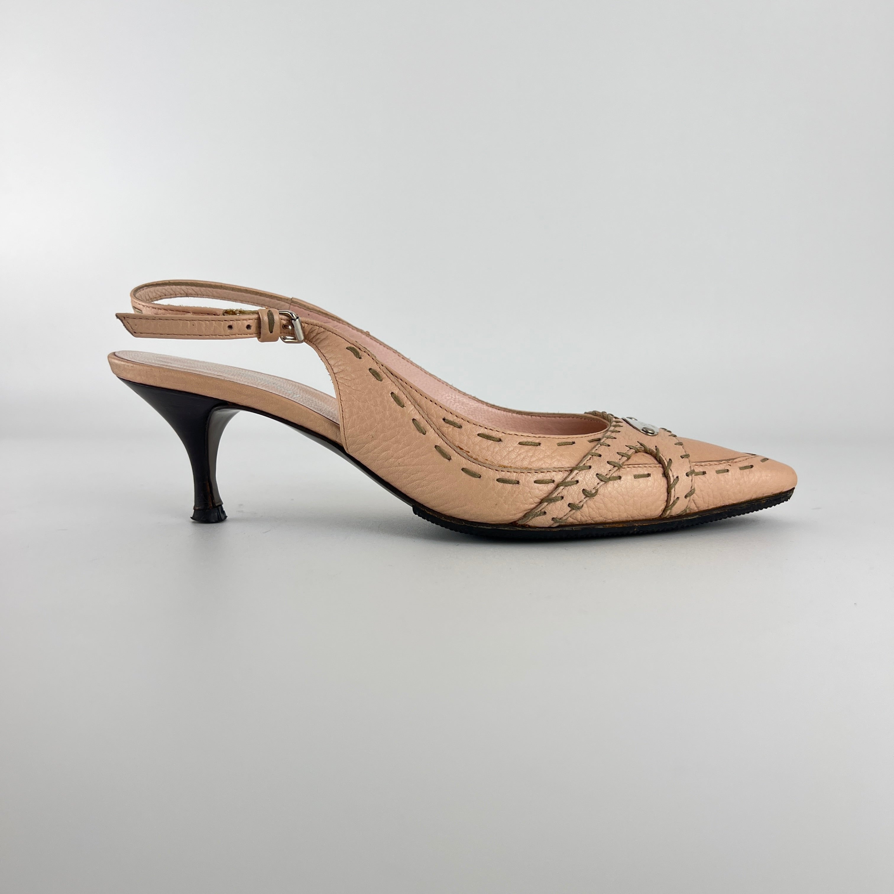 Fendi | Vintage Selleria Pink Leather Metal Logo Pointed Toe Slingback Heels (37)
