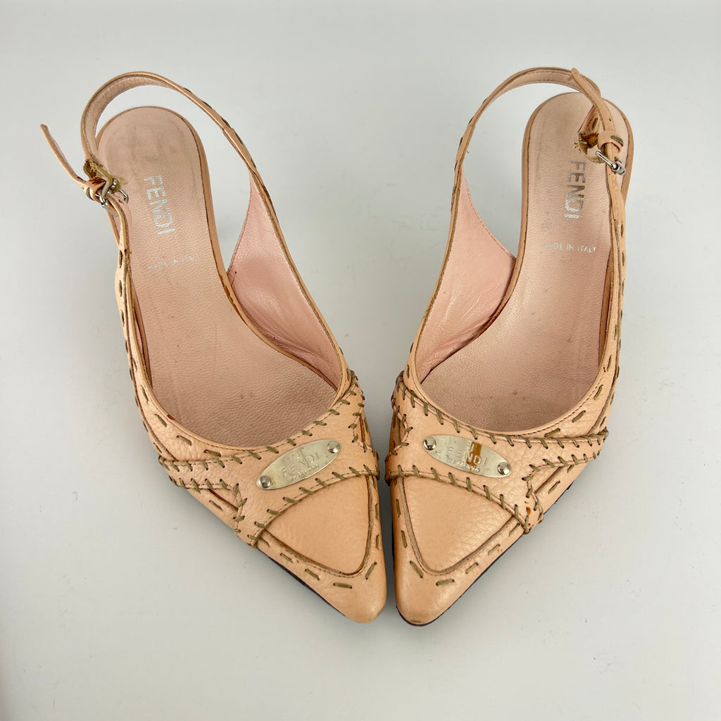 Fendi | Vintage Selleria Pink Leather Metal Logo Pointed Toe Slingback Heels (37)