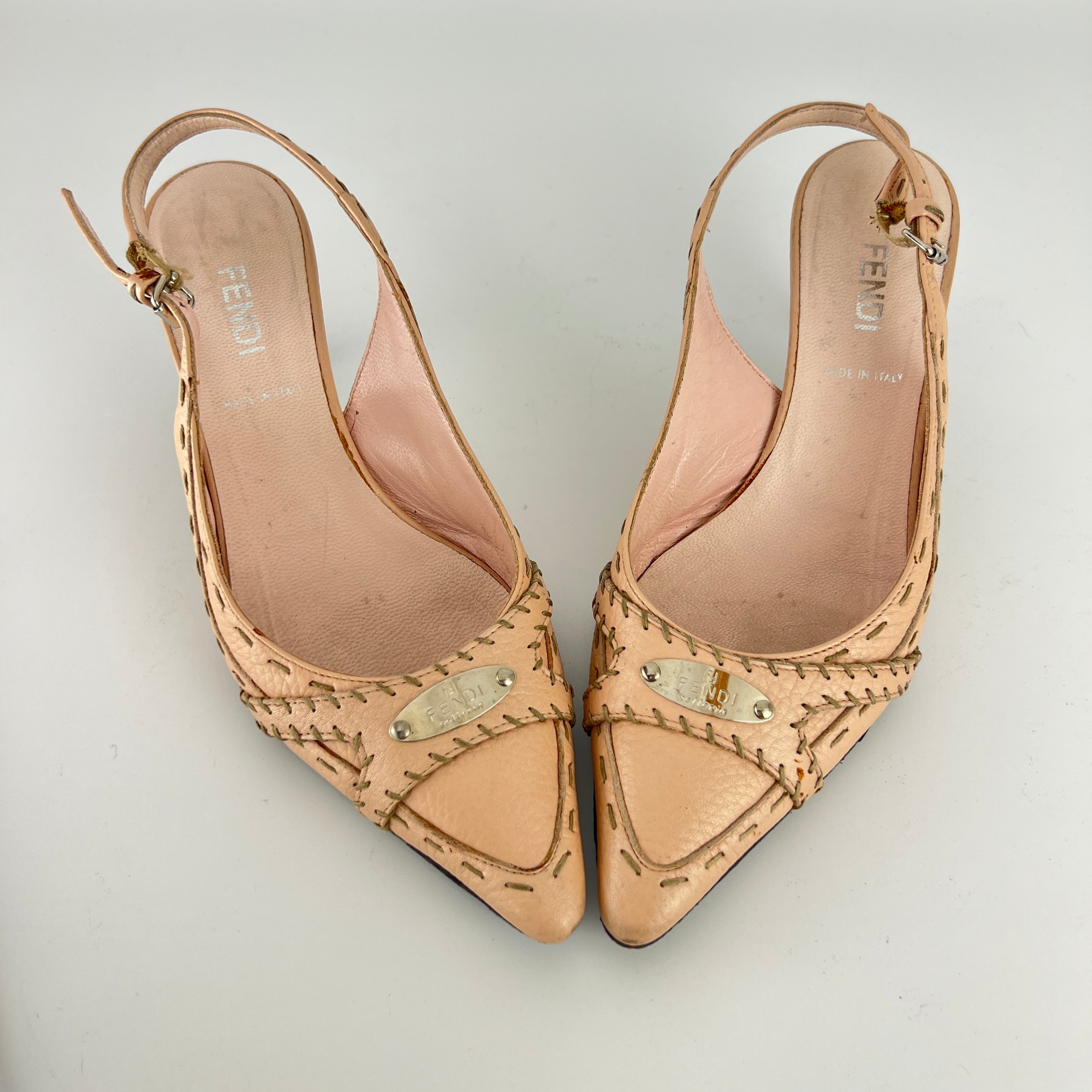 Fendi | Vintage Selleria Pink Leather Metal Logo Pointed Toe Slingback Heels (37)
