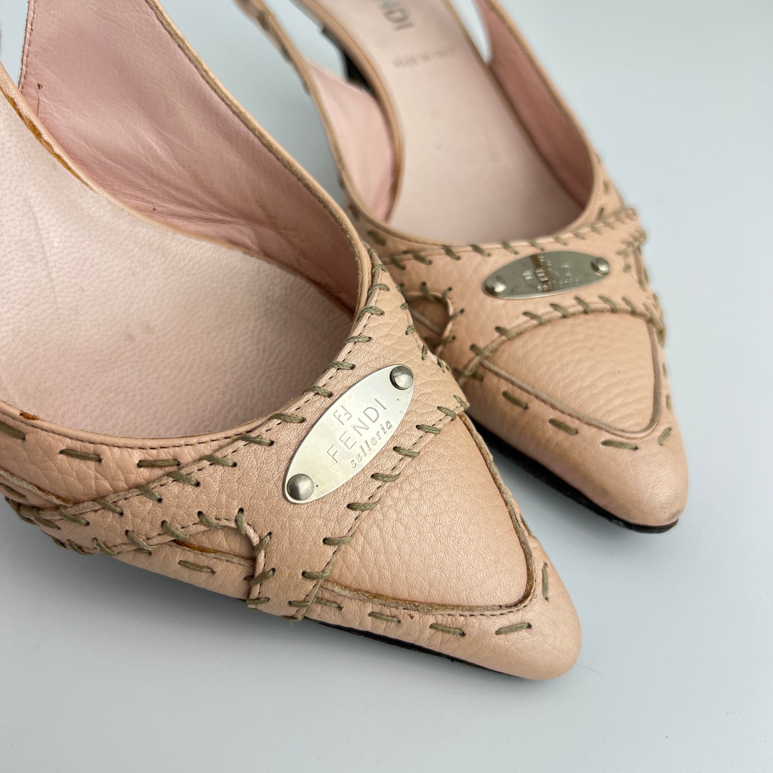 Fendi | Vintage Selleria Pink Leather Metal Logo Pointed Toe Slingback Heels (37)