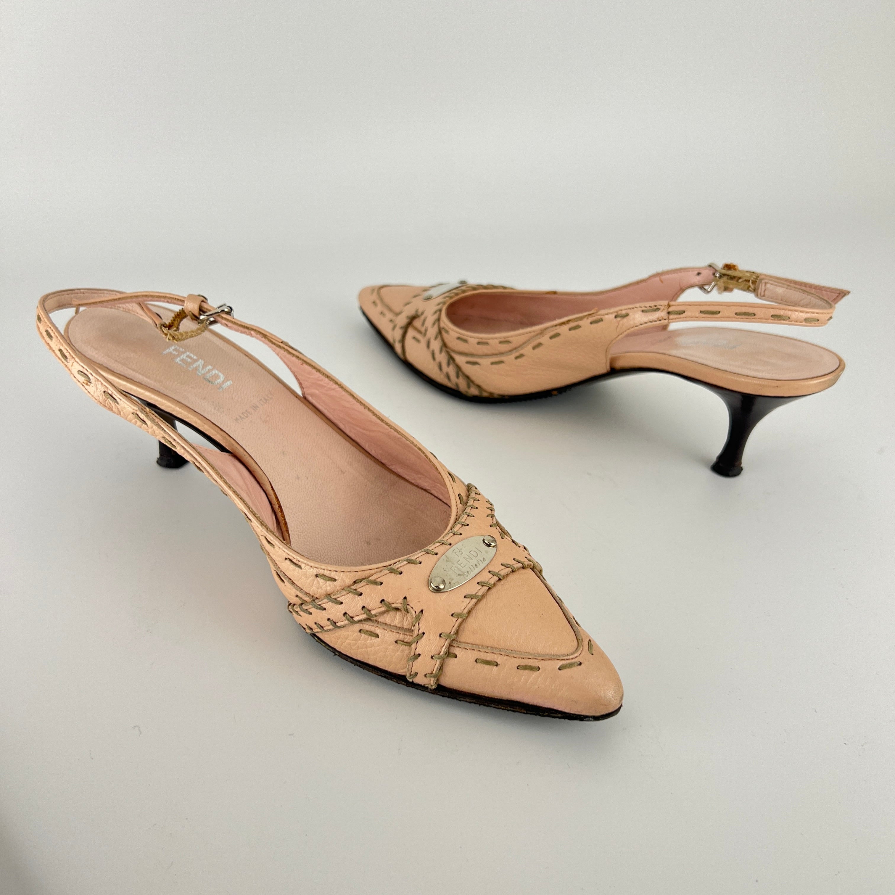 Fendi | Vintage Selleria Pink Leather Metal Logo Pointed Toe Slingback Heels (37)