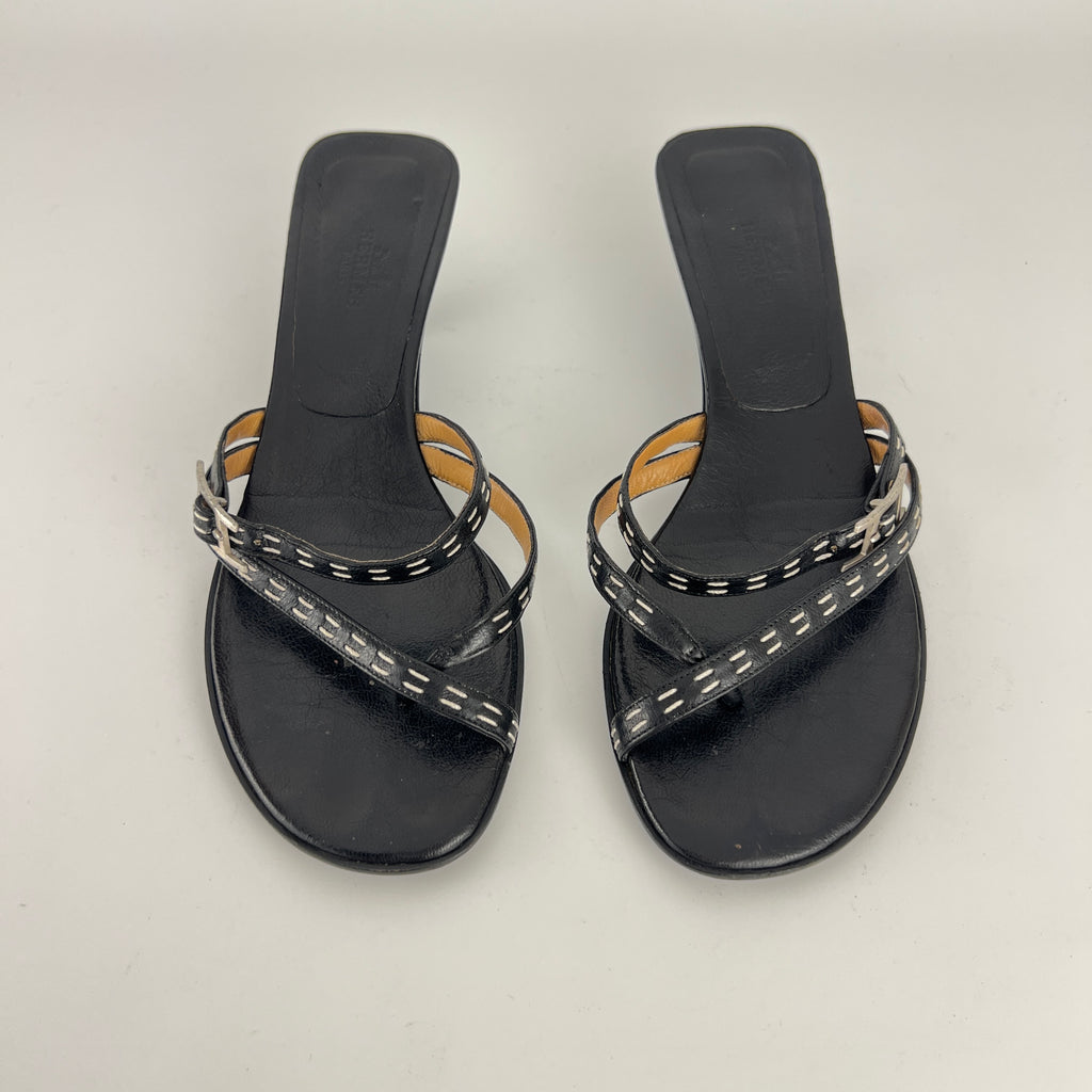 Hermes | Vintage Black Leather Thong H Buckle Top Stitch Sandal Kitten Mules (37)