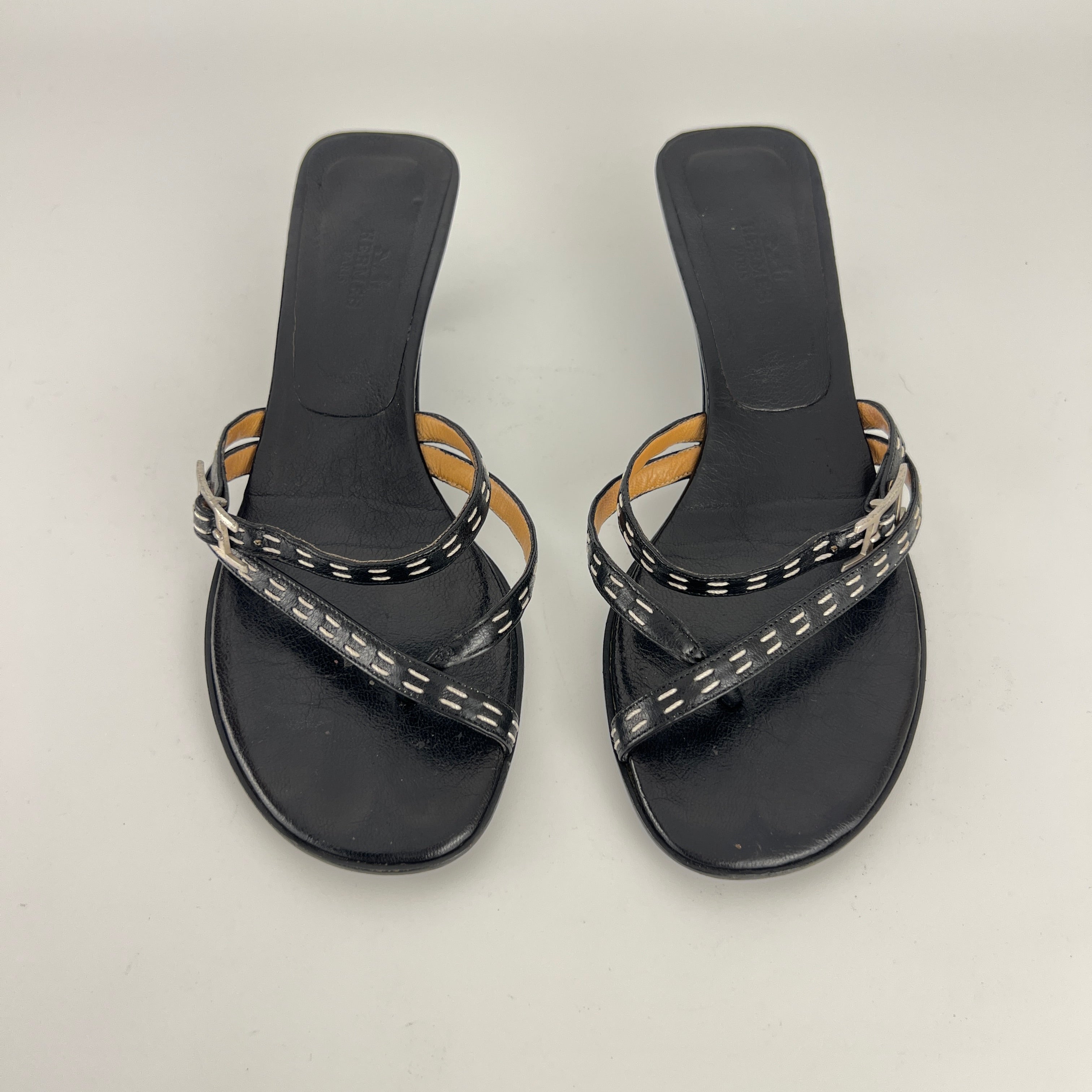 Hermes | Vintage Black Leather Thong H Buckle Top Stitch Sandal Kitten Mules (37)