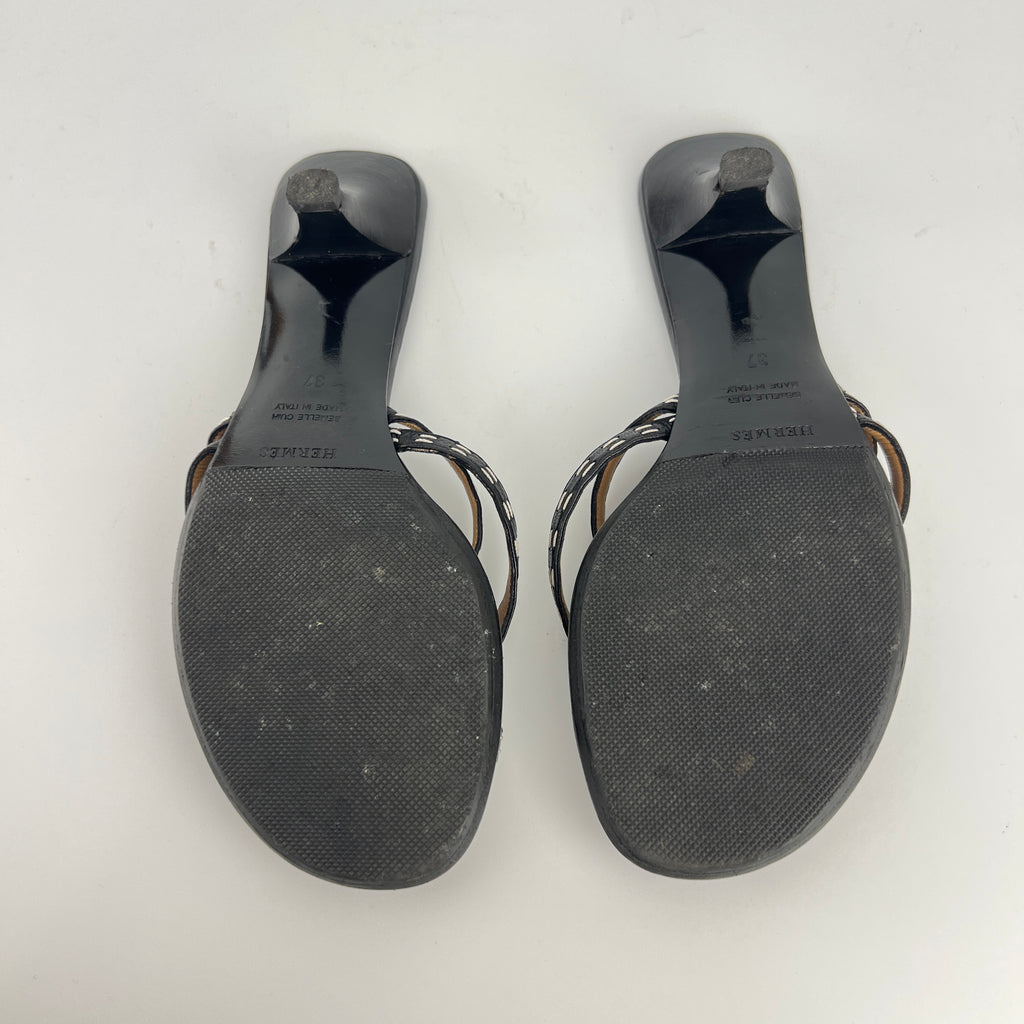 Hermes | Vintage Black Leather Thong H Buckle Top Stitch Sandal Kitten Mules (37)