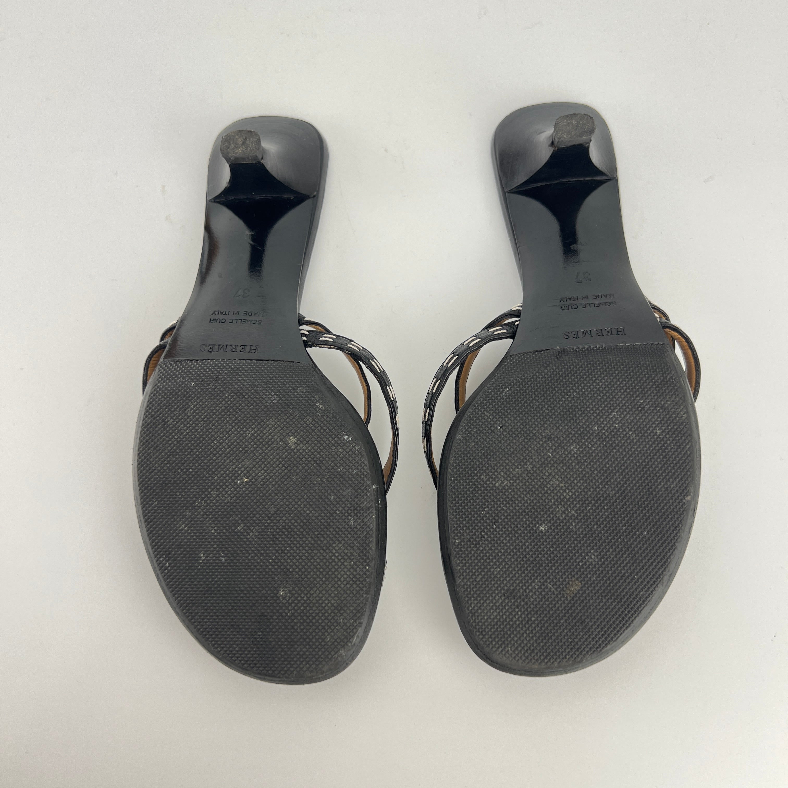 Hermes | Vintage Black Leather Thong H Buckle Top Stitch Sandal Kitten Mules (37)