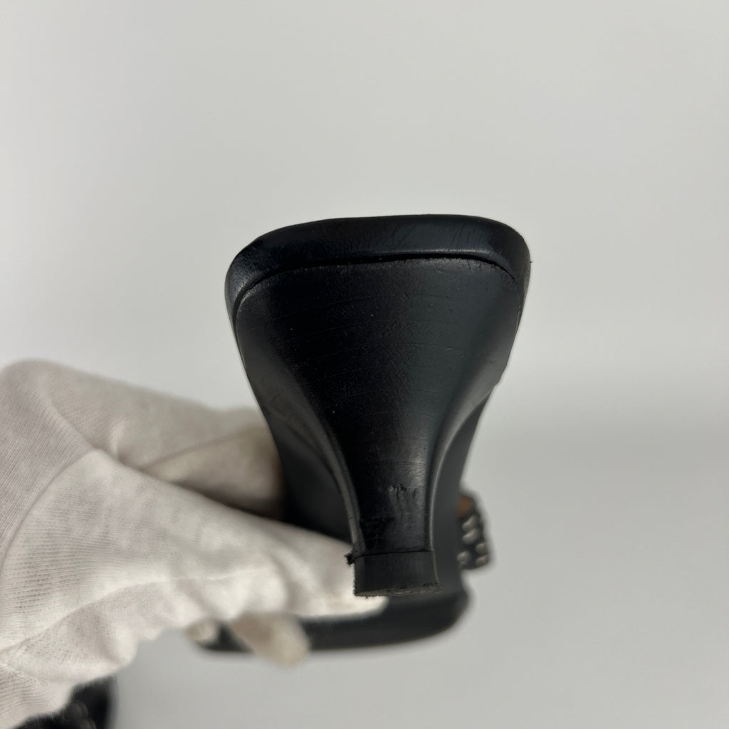 Hermes | Vintage Black Leather Thong H Buckle Top Stitch Sandal Kitten Mules (37)